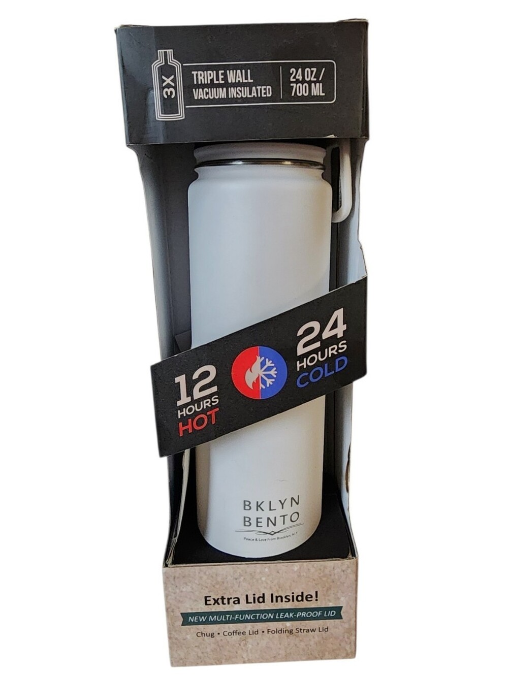 Bklyn Bento White Wide-Mouth Vacuum Insulated 24 oz Water Bottle, NIB
